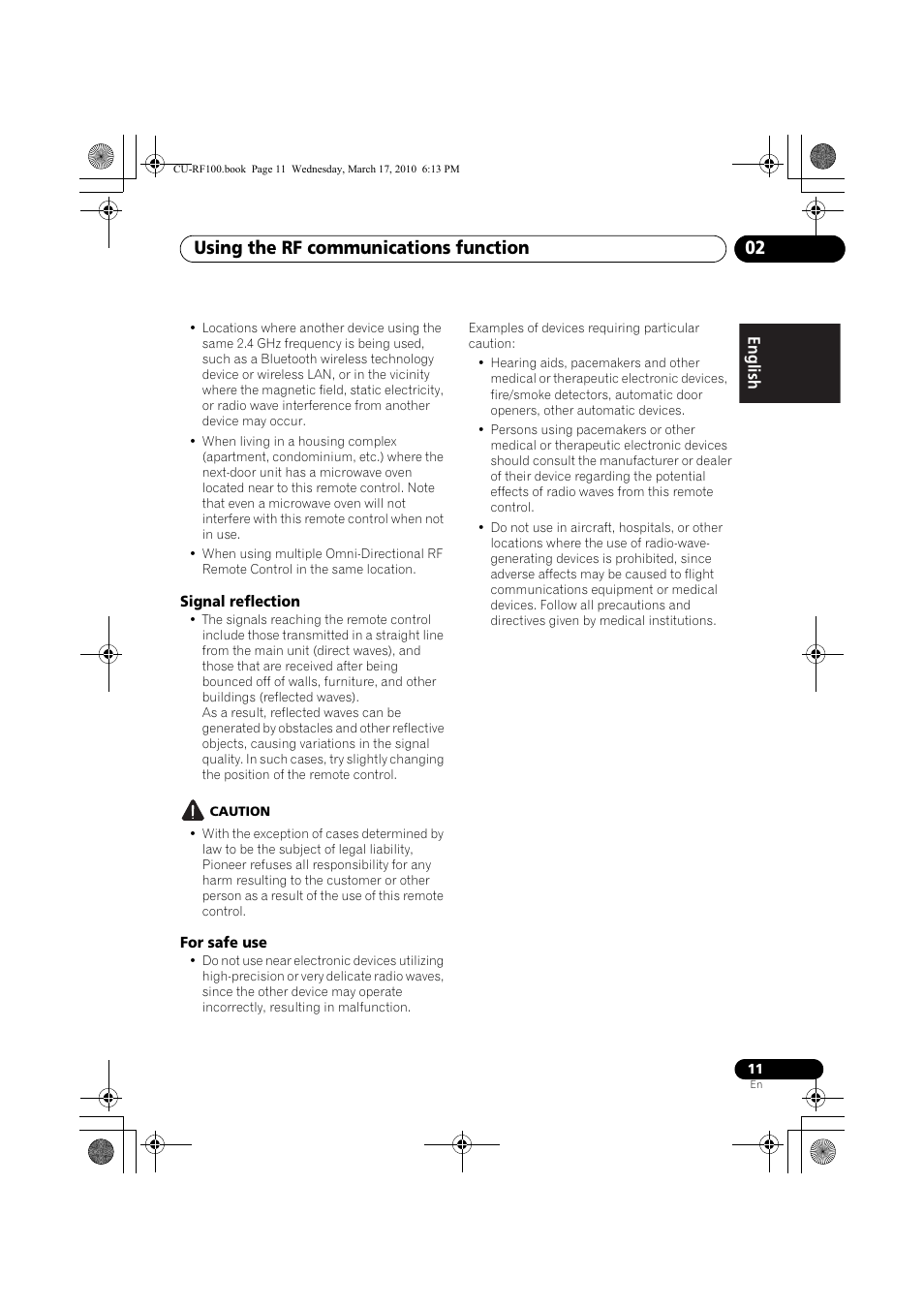 Signal reflection, Caution, For safe use | Using the rf communications function 02 | Pioneer CU-RF100-U User Manual | Page 11 / 84