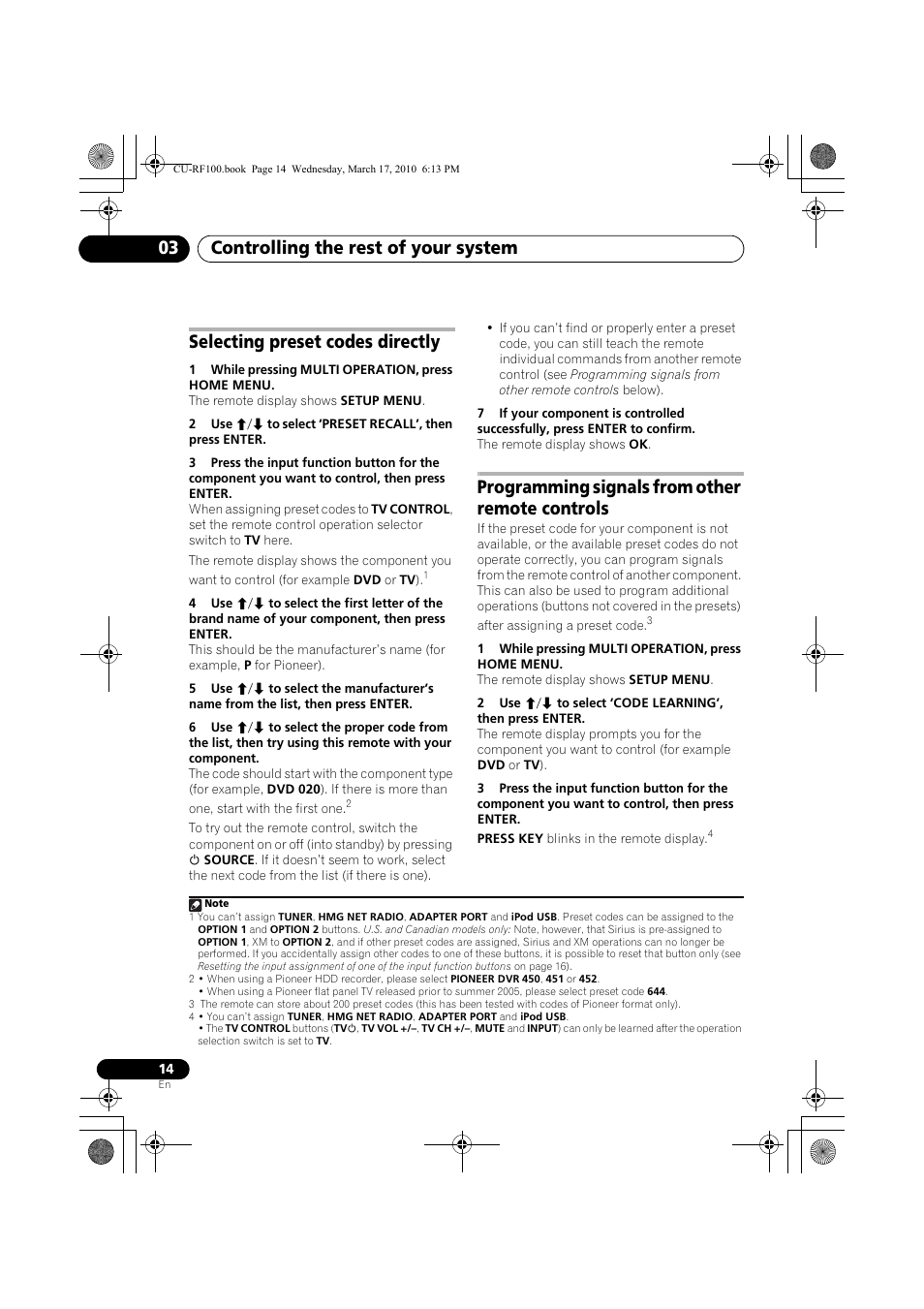 Selecting preset codes directly, 1 while pressing multi operation, press home menu, Programming signals from other remote controls | Controlling the rest of your system 03 | Pioneer CU-RF100-U User Manual | Page 14 / 84