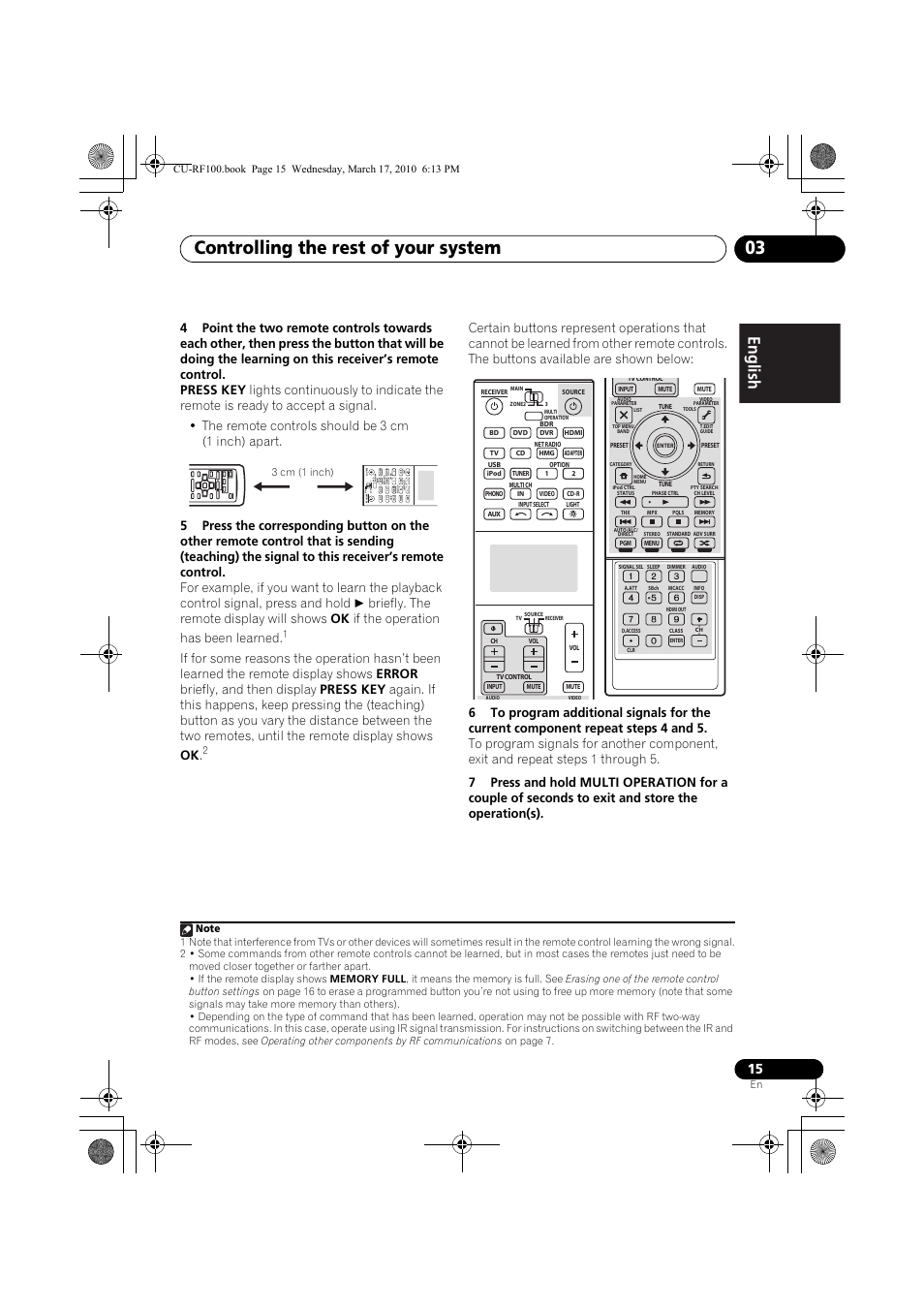 Controlling the rest of your system 03, English, 3 cm (1 inch) | Pioneer CU-RF100-U User Manual | Page 15 / 84