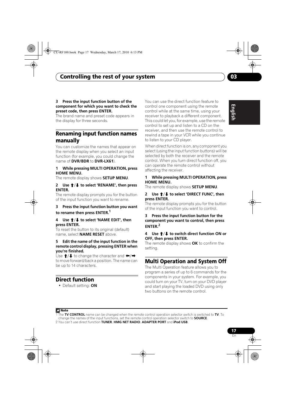 Renaming input function names manually, 1 while pressing multi operation, press home menu, 2 use i/j to select ‘rename’, then press enter | 4 use i/j to select ‘name edit’, then press enter, Direct function, Multi operation and system off, Controlling the rest of your system 03, English | Pioneer CU-RF100-U User Manual | Page 17 / 84
