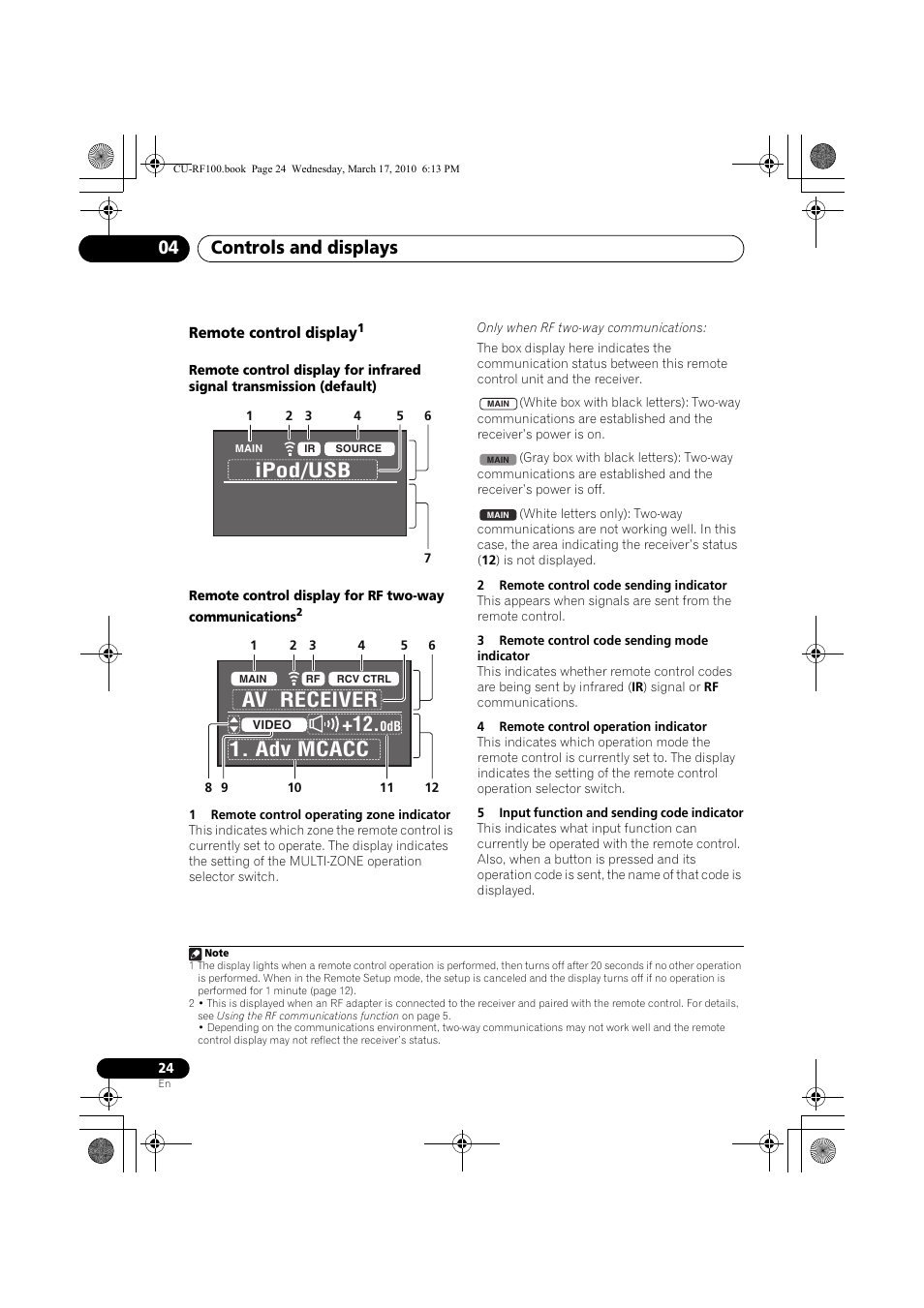 Remote control display, 1 remote control operating zone indicator, 2 remote control code sending indicator | 3 remote control code sending mode indicator, 4 remote control operation indicator, 5 input function and sending code indicator, Ipod/usb, Av receiver 1. adv mcacc +12, Controls and displays 04 | Pioneer CU-RF100-U User Manual | Page 24 / 84