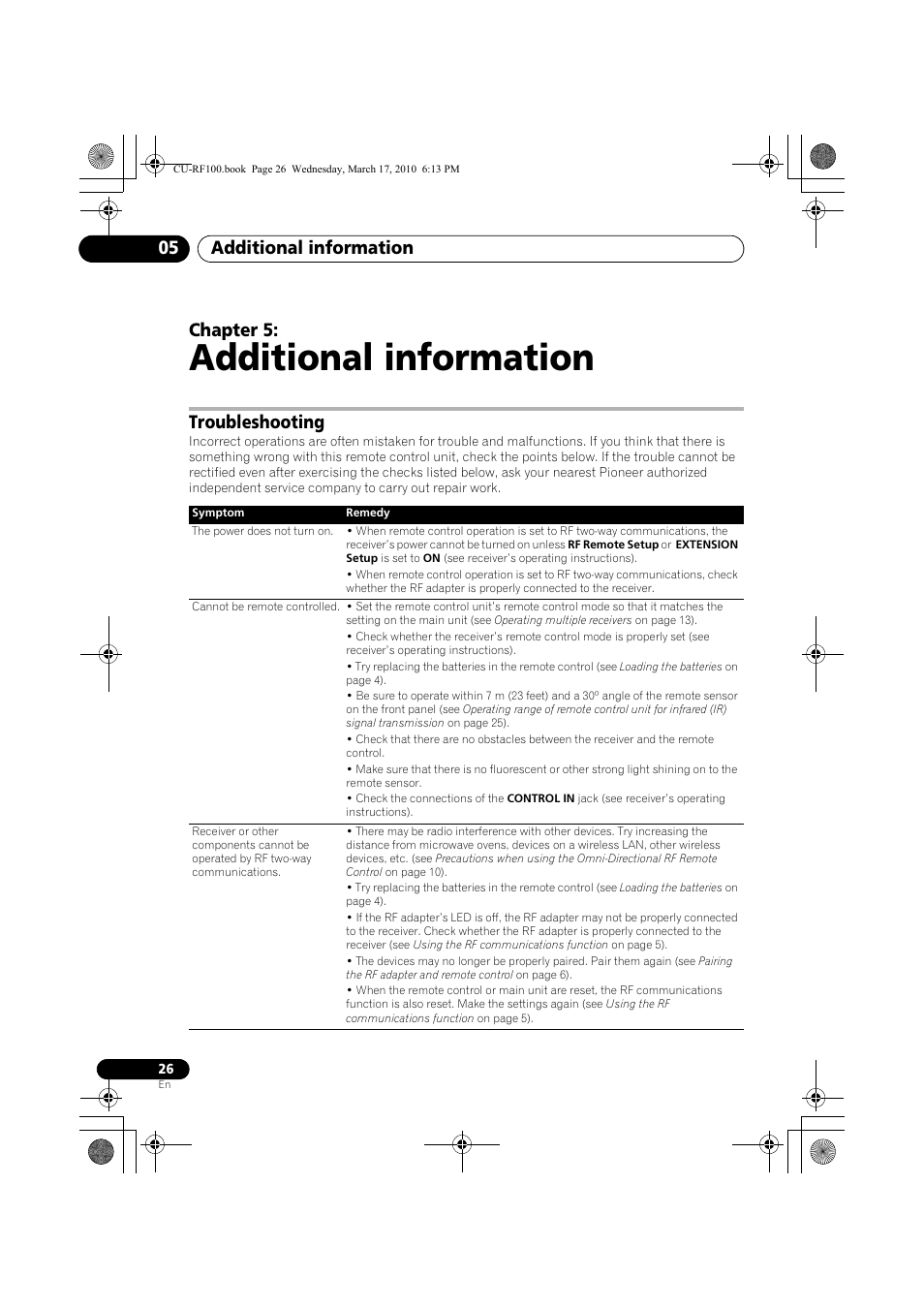 Additional information, Troubleshooting, 05 additional information | Additional information 05, Chapter 5 | Pioneer CU-RF100-U User Manual | Page 26 / 84