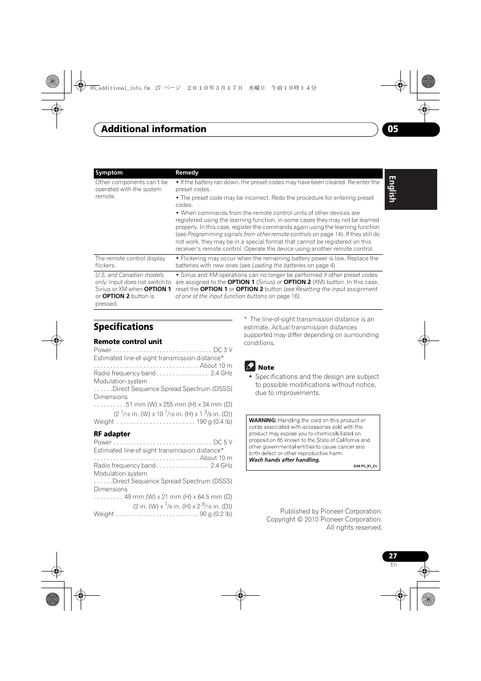Specifications, Remote control unit, Rf adapter | Note, Additional information 05, English | Pioneer CU-RF100-U User Manual | Page 27 / 84