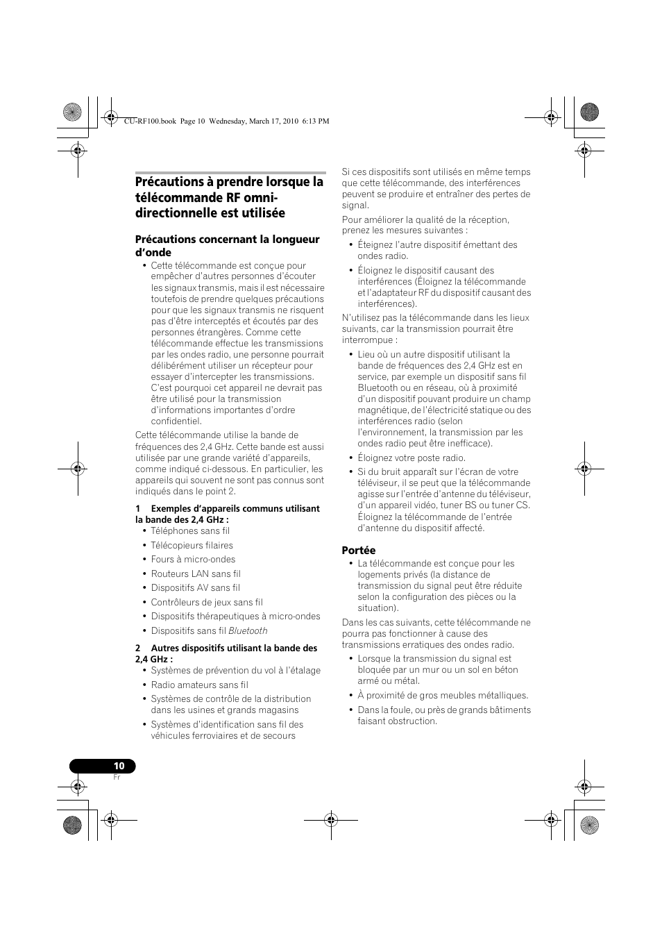 Précautions concernant la longueur d’onde, Portée | Pioneer CU-RF100-U User Manual | Page 36 / 84