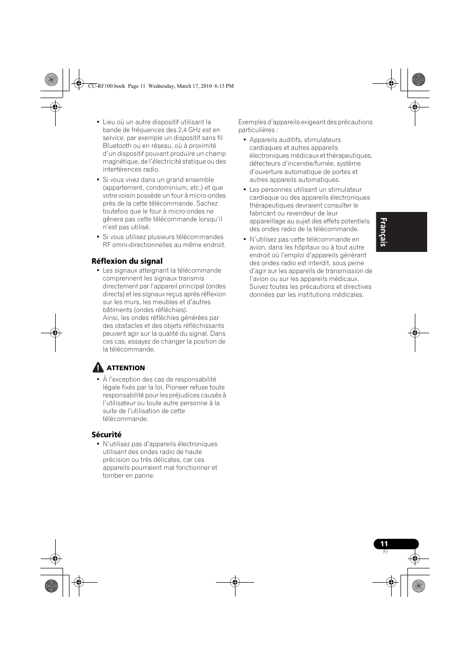 Réflexion du signal, Attention, Sécurité | Pioneer CU-RF100-U User Manual | Page 37 / 84