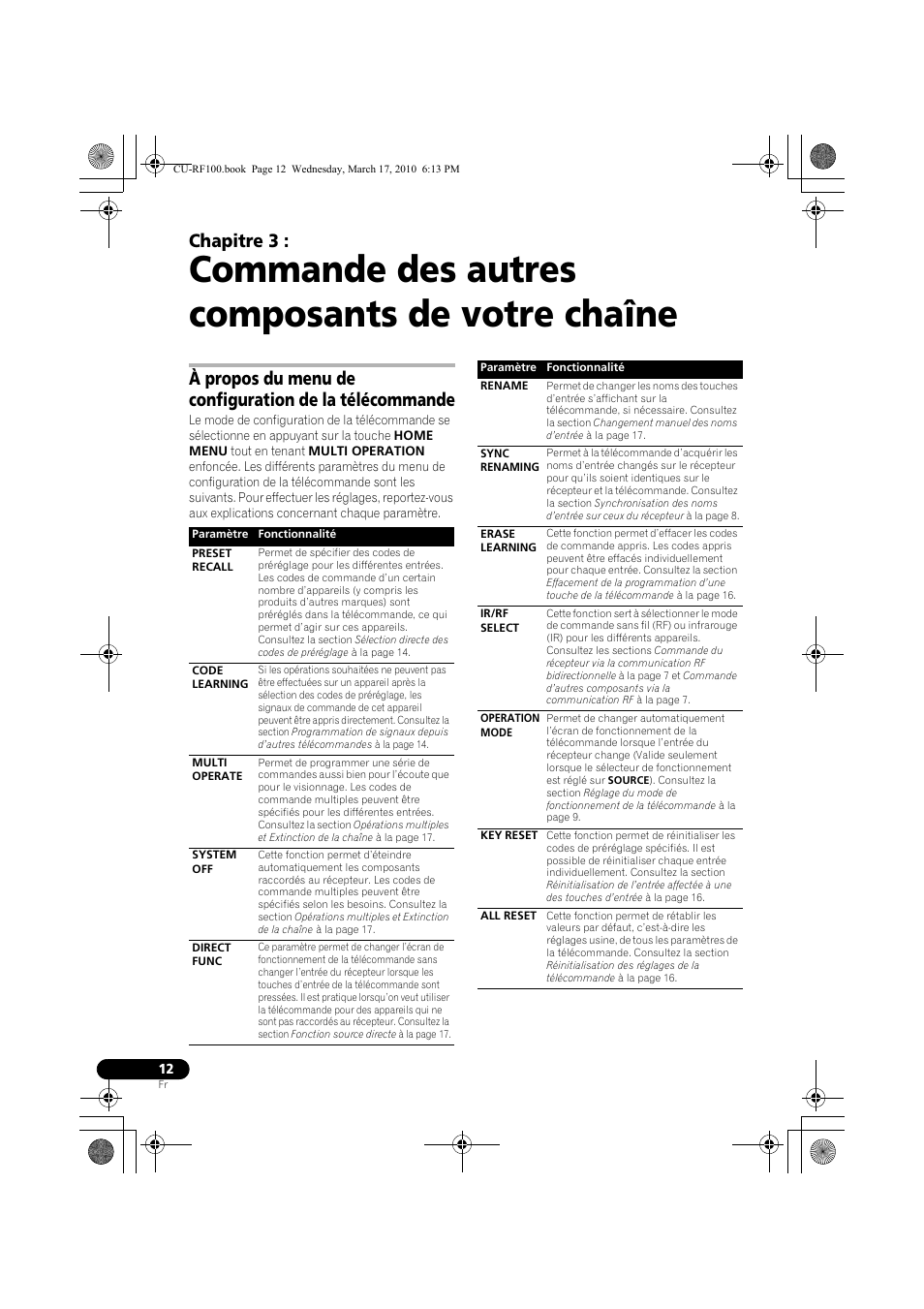 Commande des autres composants de votre chaîne, 03 commande des autres composants de votre chaîne, Chapitre 3 | Pioneer CU-RF100-U User Manual | Page 38 / 84