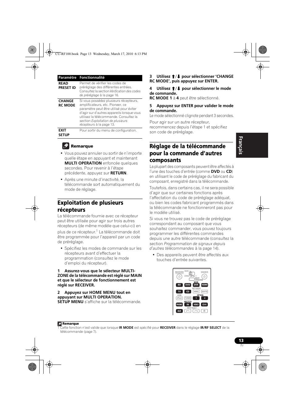Remarque, Exploitation de plusieurs récepteurs | Pioneer CU-RF100-U User Manual | Page 39 / 84