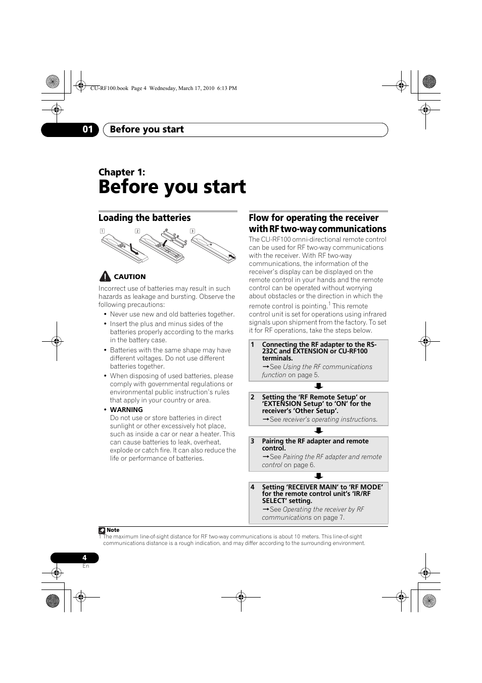 Before you start, Loading the batteries, Caution | 3 pairing the rf adapter and remote control, 01 before you start, Before you start 01, Chapter 1 | Pioneer CU-RF100-U User Manual | Page 4 / 84