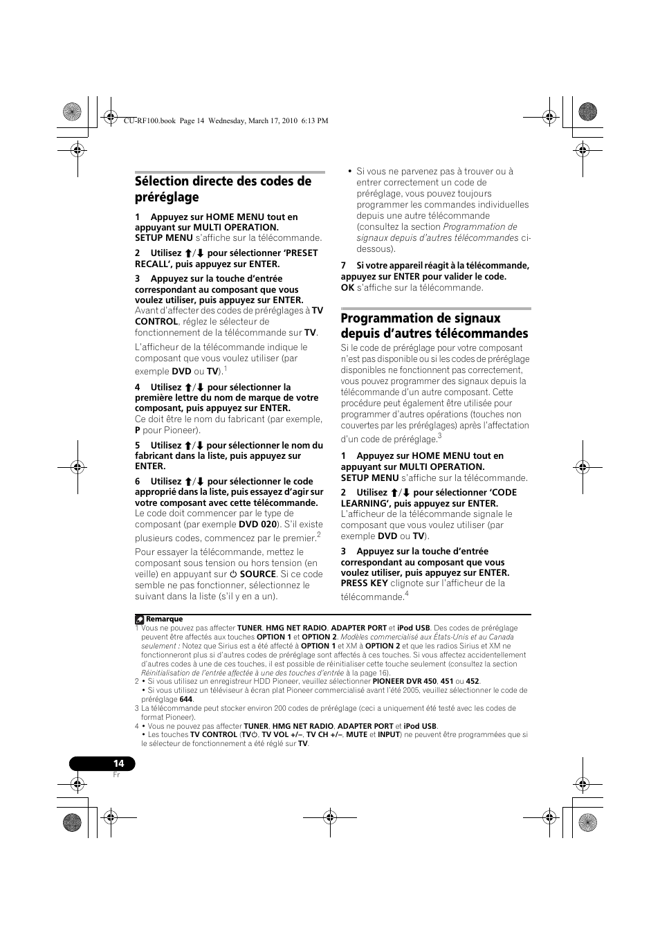 Sélection directe des codes de préréglage | Pioneer CU-RF100-U User Manual | Page 40 / 84