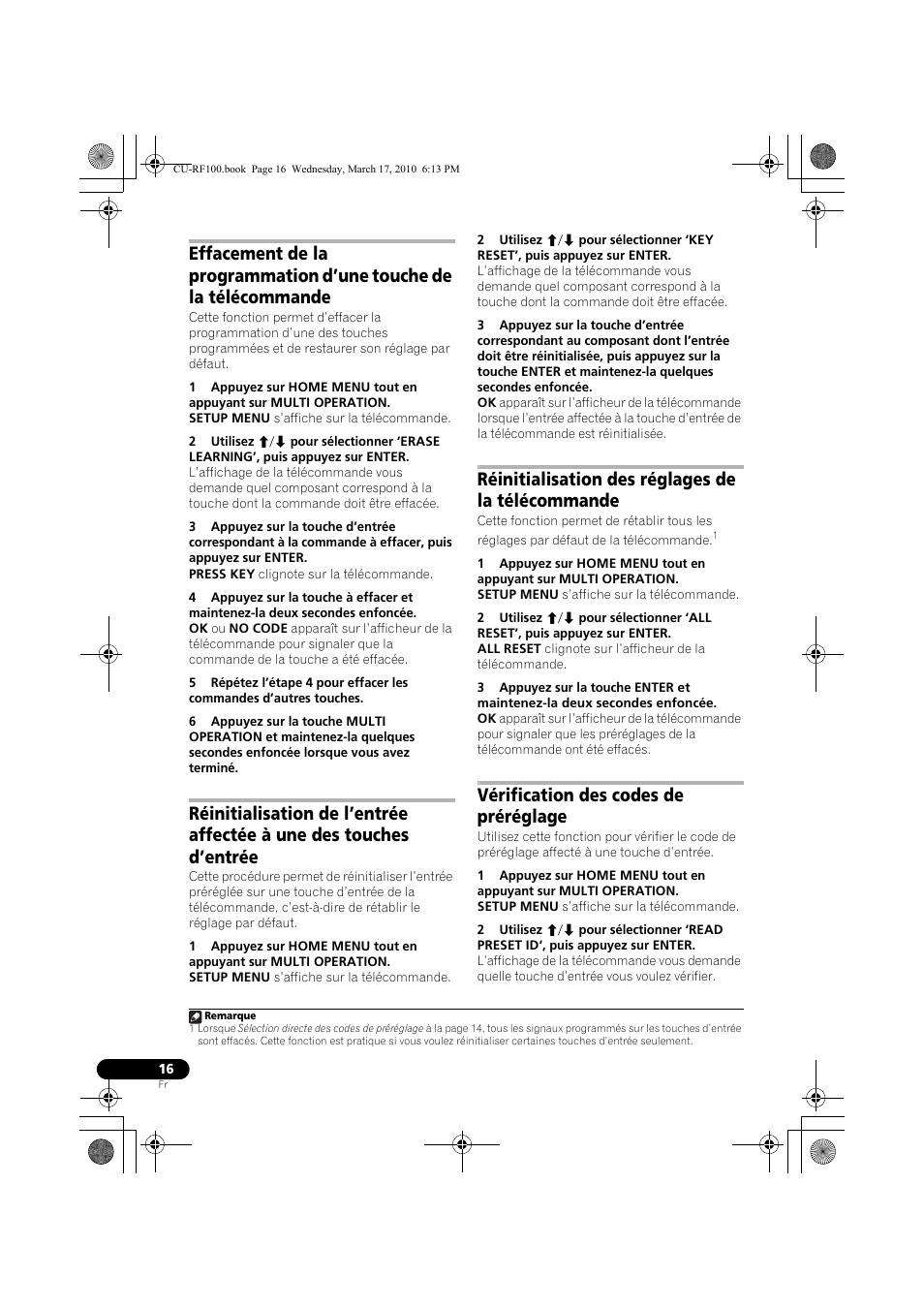 Réinitialisation des réglages de la télécommande, Vérification des codes de préréglage | Pioneer CU-RF100-U User Manual | Page 42 / 84