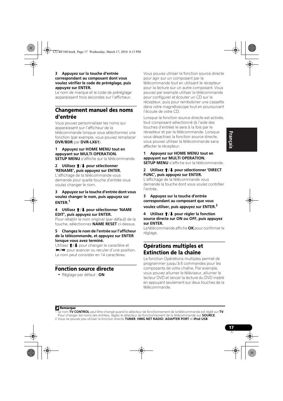 Changement manuel des noms d’entrée, Fonction source directe, Opérations multiples et extinction de la chaîne | Pioneer CU-RF100-U User Manual | Page 43 / 84