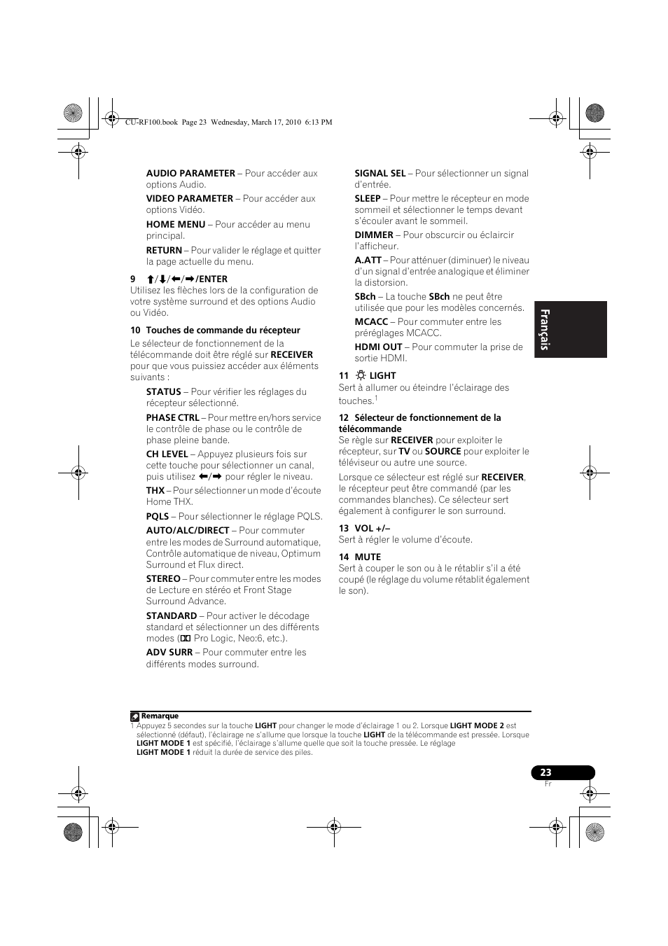 9 i/j/k/l/enter, 10 touches de commande du récepteur, 11 light | 12 sélecteur de fonctionnement de la télécommande, 13 vol, 14 mute | Pioneer CU-RF100-U User Manual | Page 49 / 84