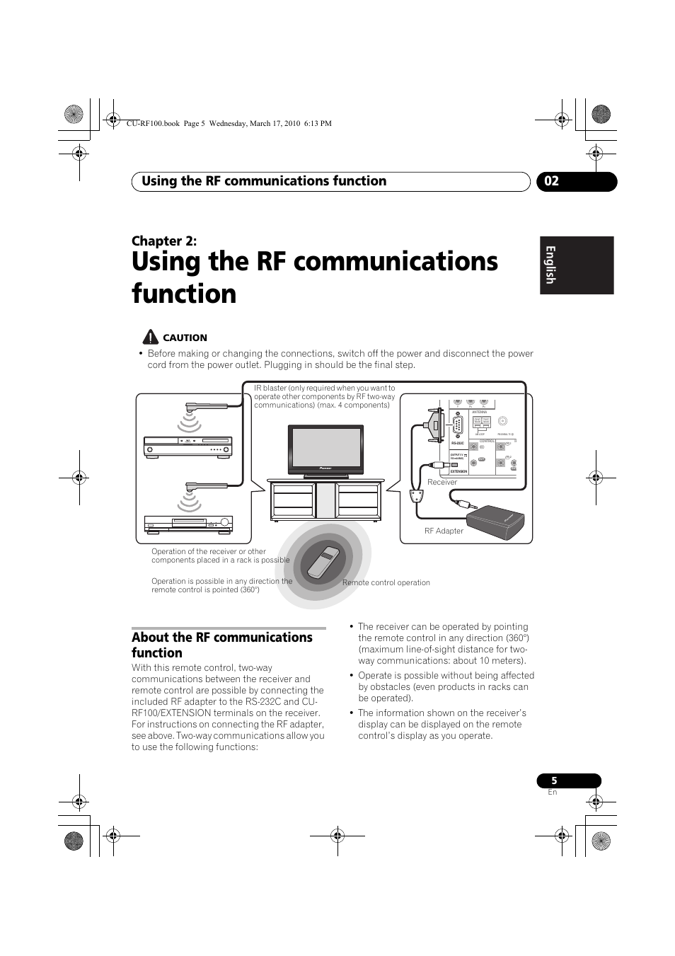 Using the rf communications function, Caution, About the rf communications function | 02 using the rf communications function, Using the rf communications function 02, Chapter 2, English | Pioneer CU-RF100-U User Manual | Page 5 / 84