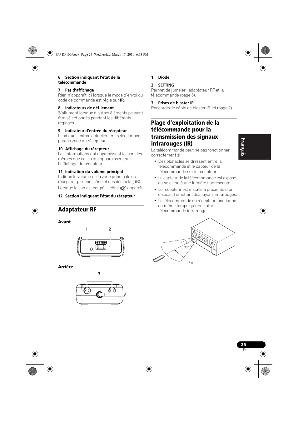 6 section indiquant l’état de la télécommande, 7 pas d’affichage, 8 indicateurs de défilement | 9 indicateur d’entrée du récepteur, 10 affichage du récepteur, 11 indication du volume principal, 12 section indiquant l’état du récepteur, Adaptateur rf, Avant, Arrière | Pioneer CU-RF100-U User Manual | Page 51 / 84