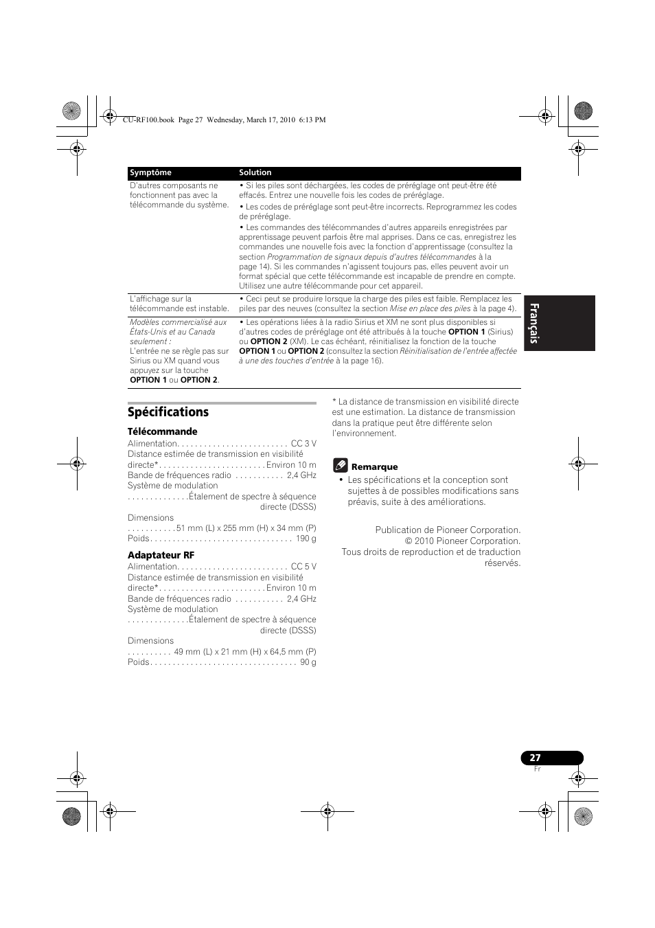 Spécifications, Télécommande, Adaptateur rf | Remarque | Pioneer CU-RF100-U User Manual | Page 53 / 84