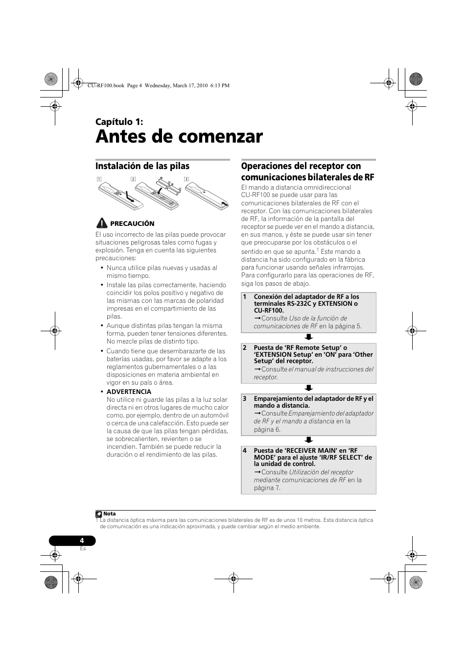Antes de comenzar, Instalación de las pilas, Precaución | 01 antes de comenzar, Capítulo 1 | Pioneer CU-RF100-U User Manual | Page 56 / 84