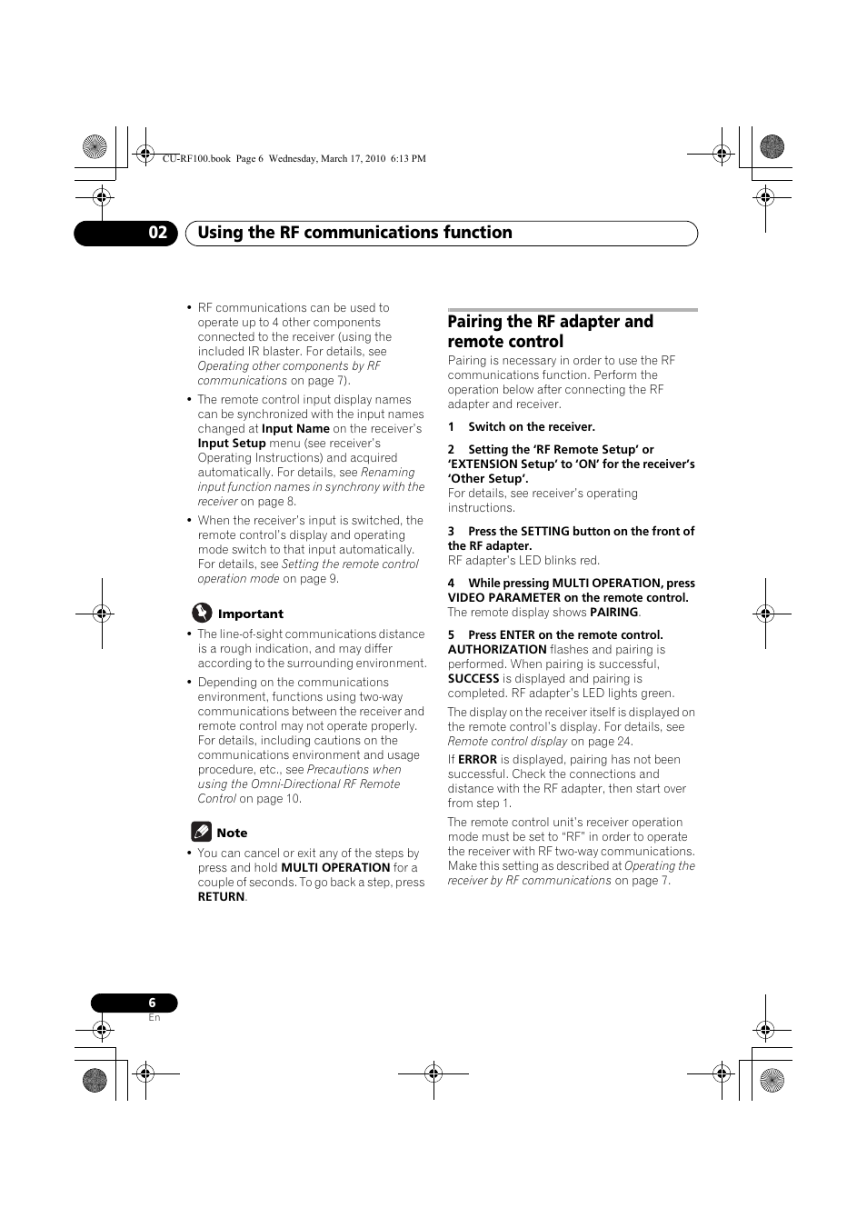 Important, Note, Pairing the rf adapter and remote control | 1 switch on the receiver, 5 press enter on the remote control, Using the rf communications function 02 | Pioneer CU-RF100-U User Manual | Page 6 / 84