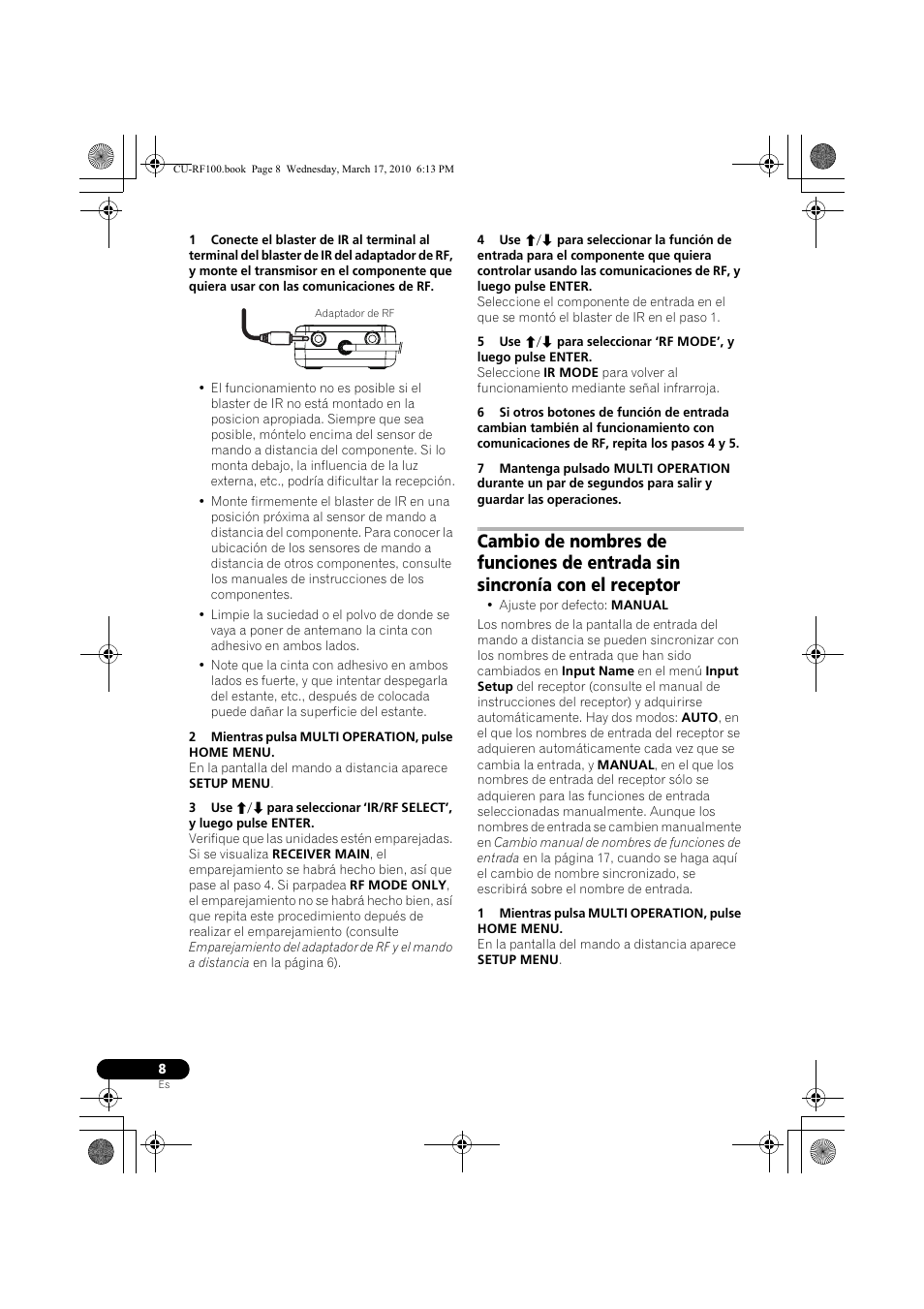 2 mientras pulsa multi operation, pulse home menu, 1 mientras pulsa multi operation, pulse home menu | Pioneer CU-RF100-U User Manual | Page 60 / 84