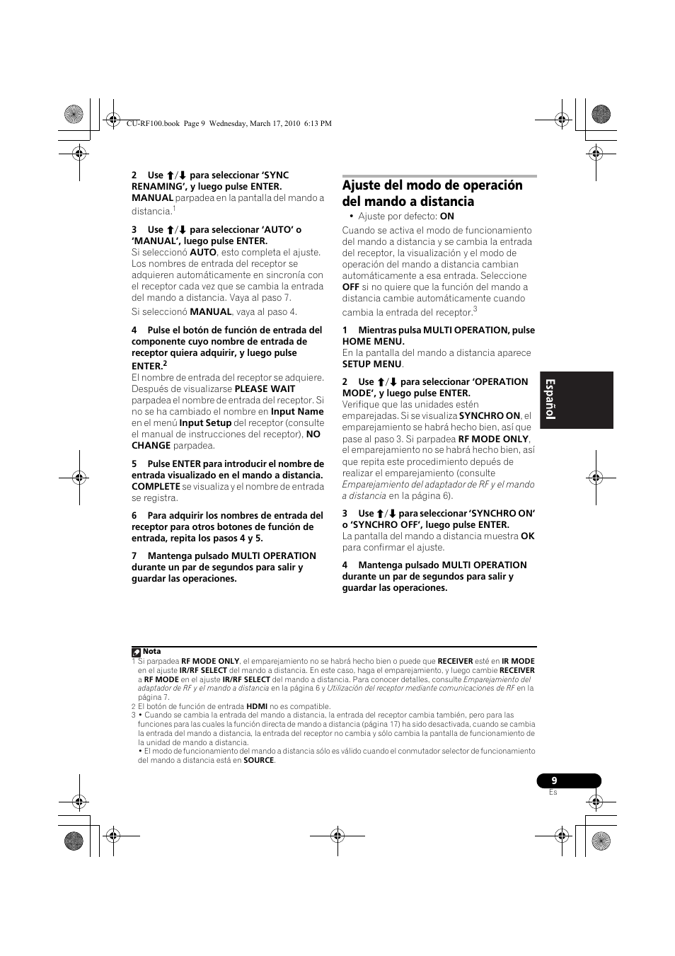 Ajuste del modo de operación del mando a distancia, 1 mientras pulsa multi operation, pulse home menu | Pioneer CU-RF100-U User Manual | Page 61 / 84