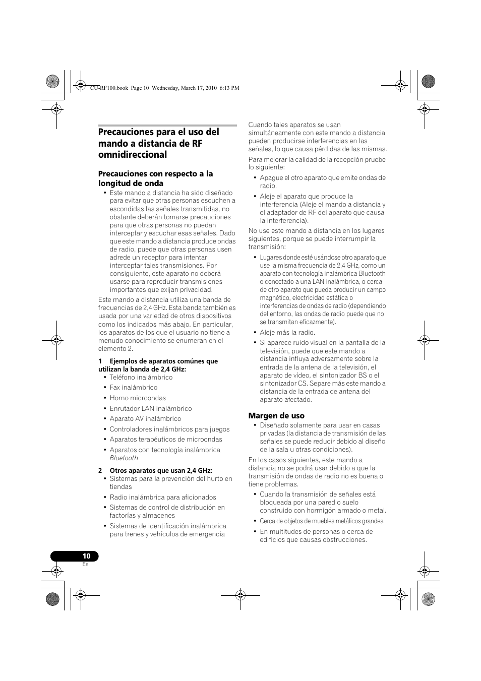 Precauciones con respecto a la longitud de onda, 2 otros aparatos que usan 2,4 ghz, Margen de uso | Pioneer CU-RF100-U User Manual | Page 62 / 84