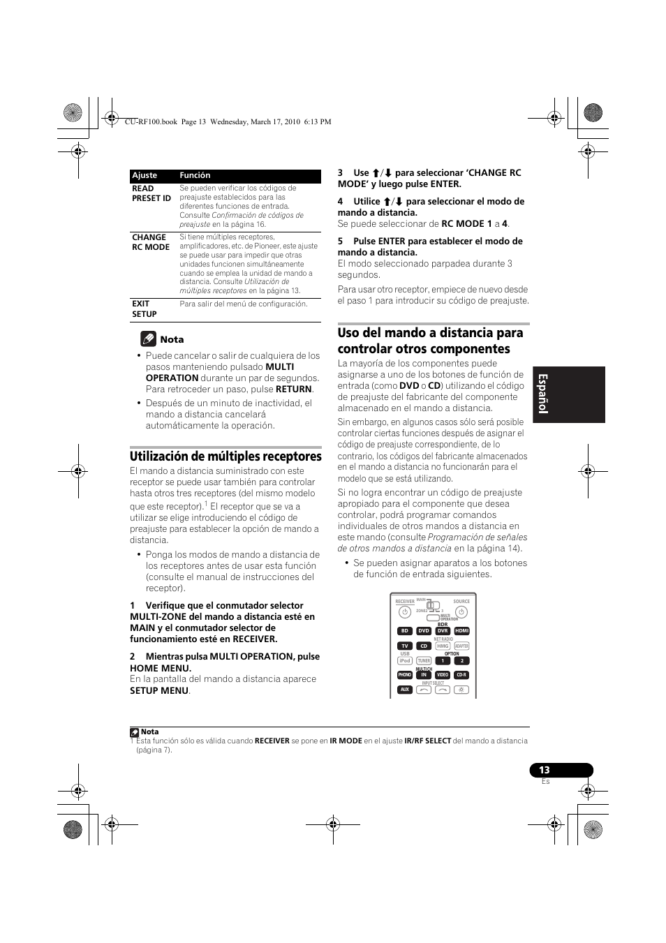Nota, Utilización de múltiples receptores, 2 mientras pulsa multi operation, pulse home menu | Pioneer CU-RF100-U User Manual | Page 65 / 84