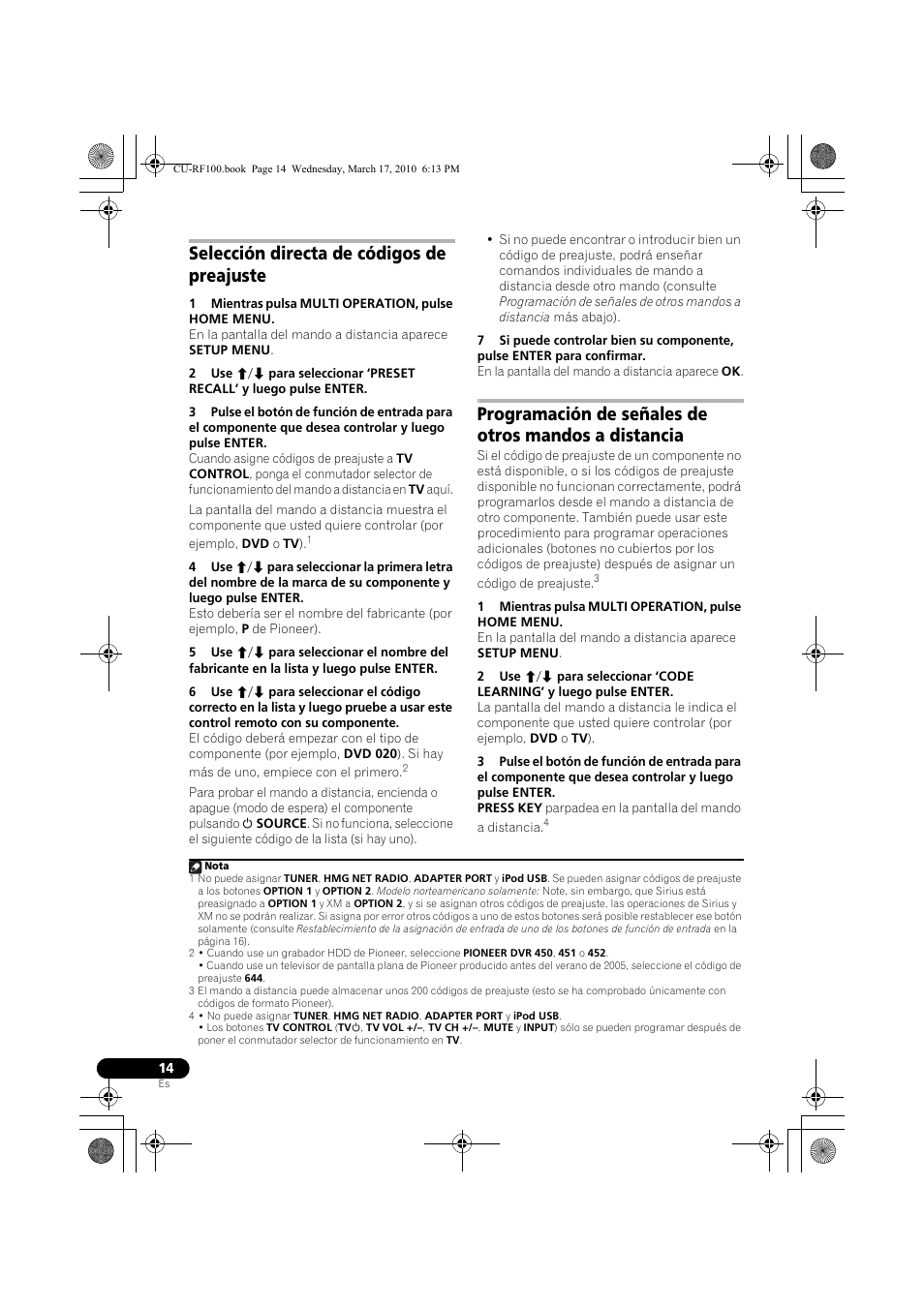 Selección directa de códigos de preajuste, 1 mientras pulsa multi operation, pulse home menu | Pioneer CU-RF100-U User Manual | Page 66 / 84