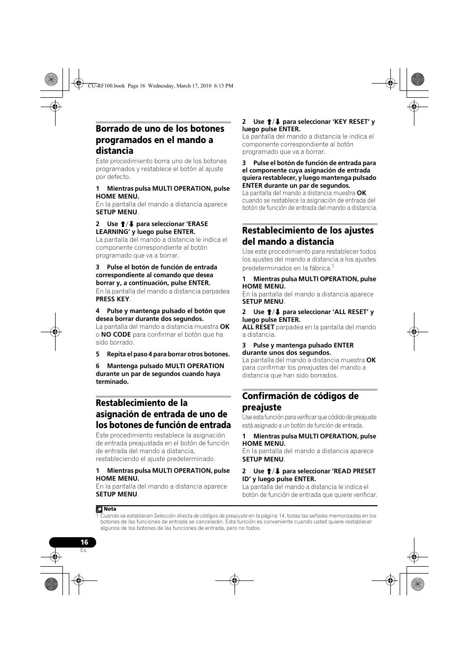 1 mientras pulsa multi operation, pulse home menu, 5 repita el paso 4 para borrar otros botones, Confirmación de códigos de preajuste | Pioneer CU-RF100-U User Manual | Page 68 / 84