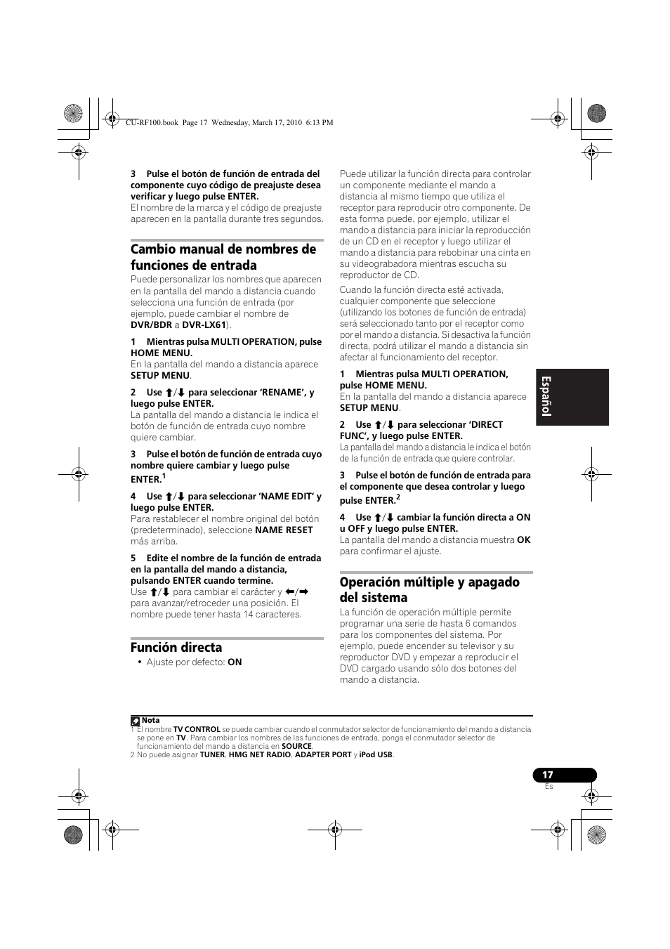 Cambio manual de nombres de funciones de entrada, 1 mientras pulsa multi operation, pulse home menu, Función directa | Operación múltiple y apagado del sistema | Pioneer CU-RF100-U User Manual | Page 69 / 84