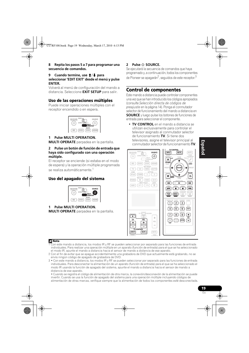 Uso de las operaciones múltiples, 1 pulse multi operation, Uso del apagado del sistema | 2 pulse u source, Control de componentes, Seguidos de este receptor | Pioneer CU-RF100-U User Manual | Page 71 / 84
