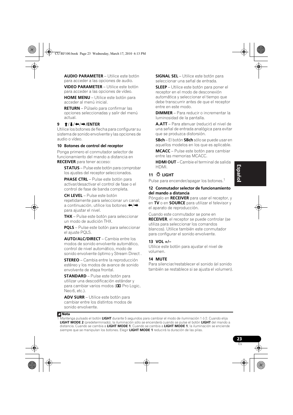 9 i/j/k/l/enter, 10 botones de control del receptor, 11 light | 13 vol, 14 mute | Pioneer CU-RF100-U User Manual | Page 75 / 84