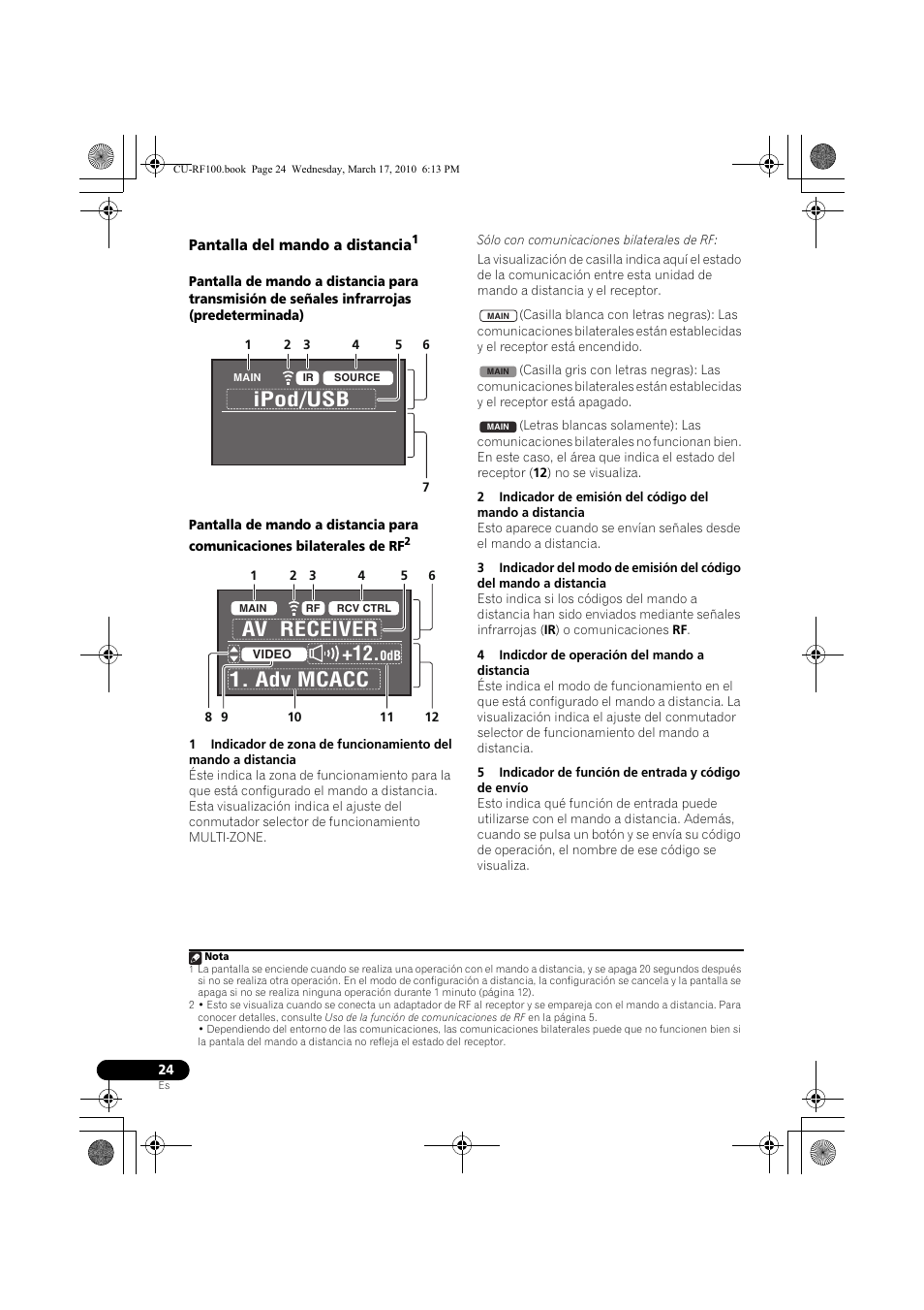 Pantalla del mando a distancia, 4 indicdor de operación del mando a distancia, Ipod/usb | Av receiver 1. adv mcacc +12 | Pioneer CU-RF100-U User Manual | Page 76 / 84