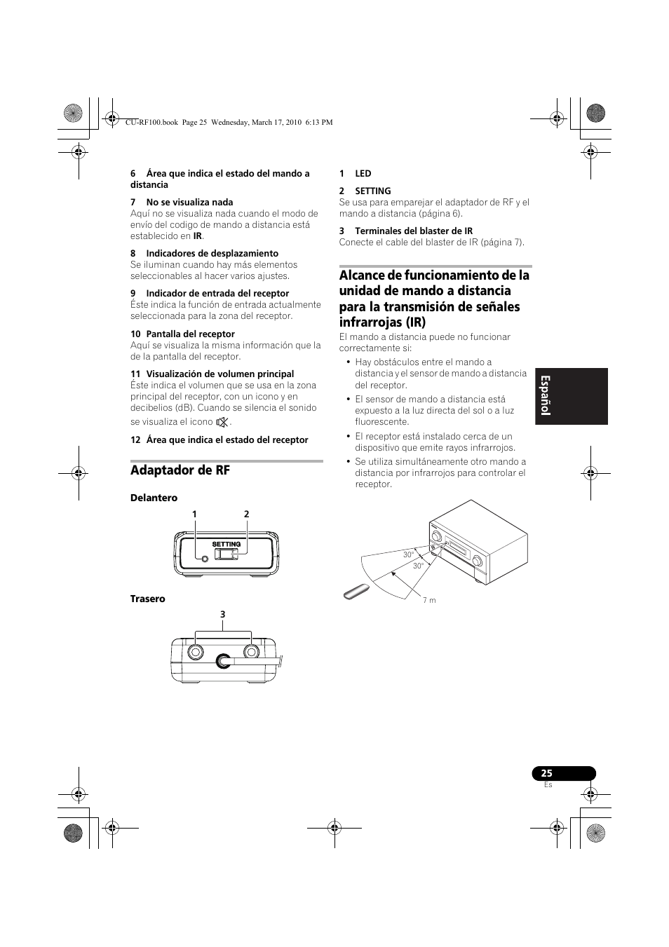 6 área que indica el estado del mando a distancia, 7 no se visualiza nada, 8 indicadores de desplazamiento | 9 indicador de entrada del receptor, 10 pantalla del receptor, 11 visualización de volumen principal, 12 área que indica el estado del receptor, Adaptador de rf, Delantero, Trasero | Pioneer CU-RF100-U User Manual | Page 77 / 84