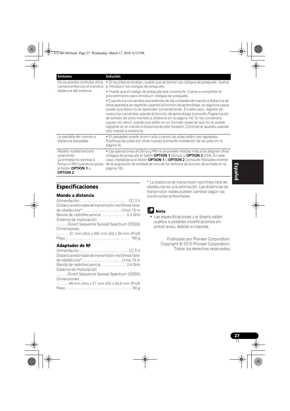 Especificaciones, Mando a distancia, Adaptador de rf | Nota | Pioneer CU-RF100-U User Manual | Page 79 / 84
