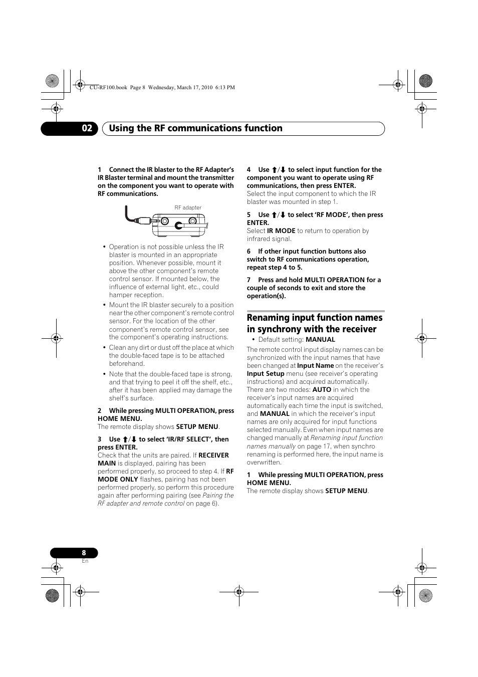 2 while pressing multi operation, press home menu, 5 use i/j to select ‘rf mode’, then press enter, 1 while pressing multi operation, press home menu | Using the rf communications function 02 | Pioneer CU-RF100-U User Manual | Page 8 / 84