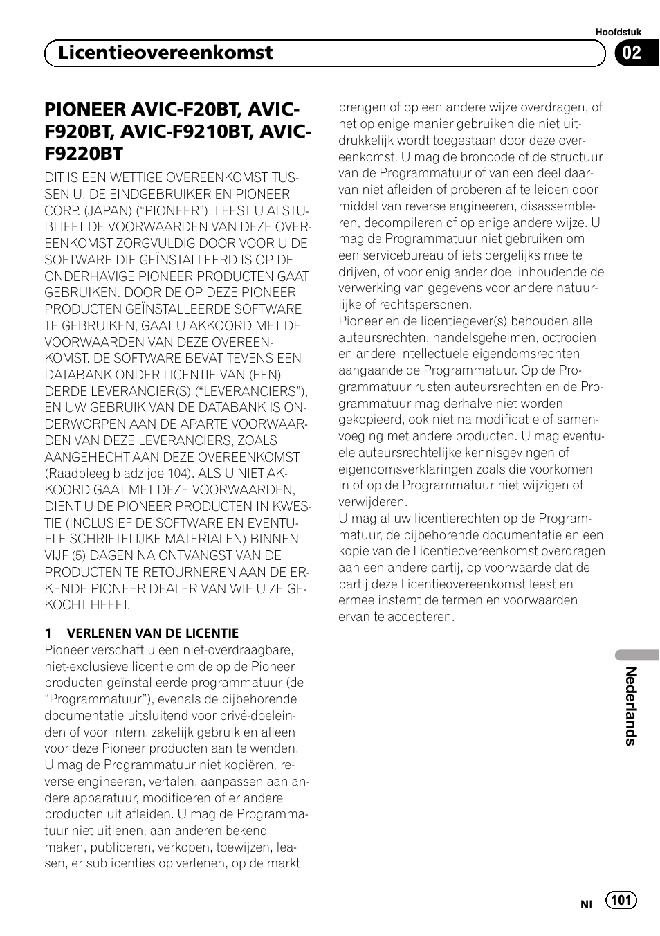 F9210bt, avic-f9220bt, 02 licentieovereenkomst | Pioneer AVIC-F20BT User Manual | Page 101 / 120