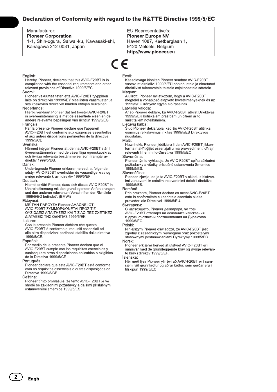 Pioneer AVIC-F20BT User Manual | Page 2 / 120