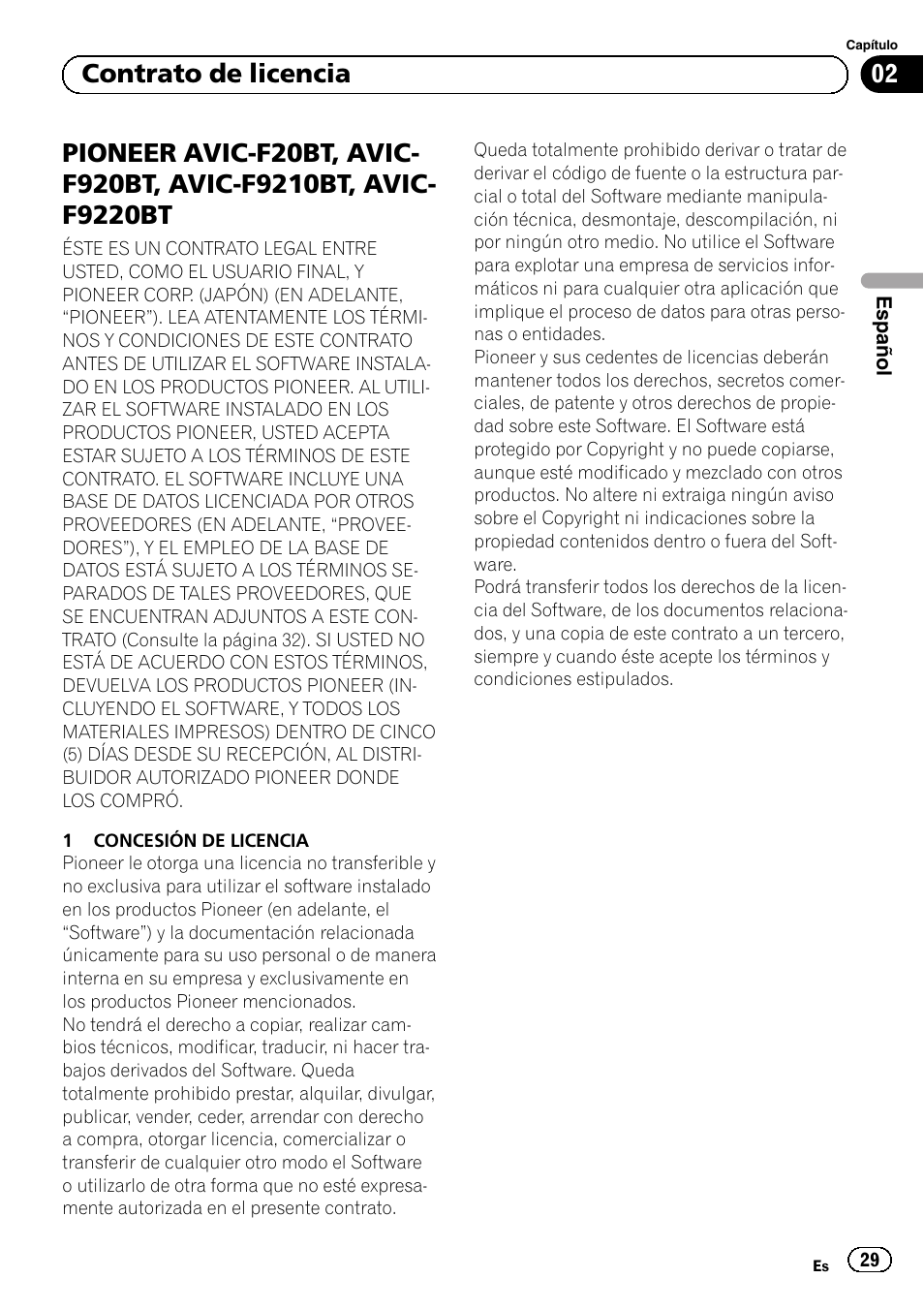 F9210bt, avic-f9220bt, 02 contrato de licencia | Pioneer AVIC-F20BT User Manual | Page 29 / 120
