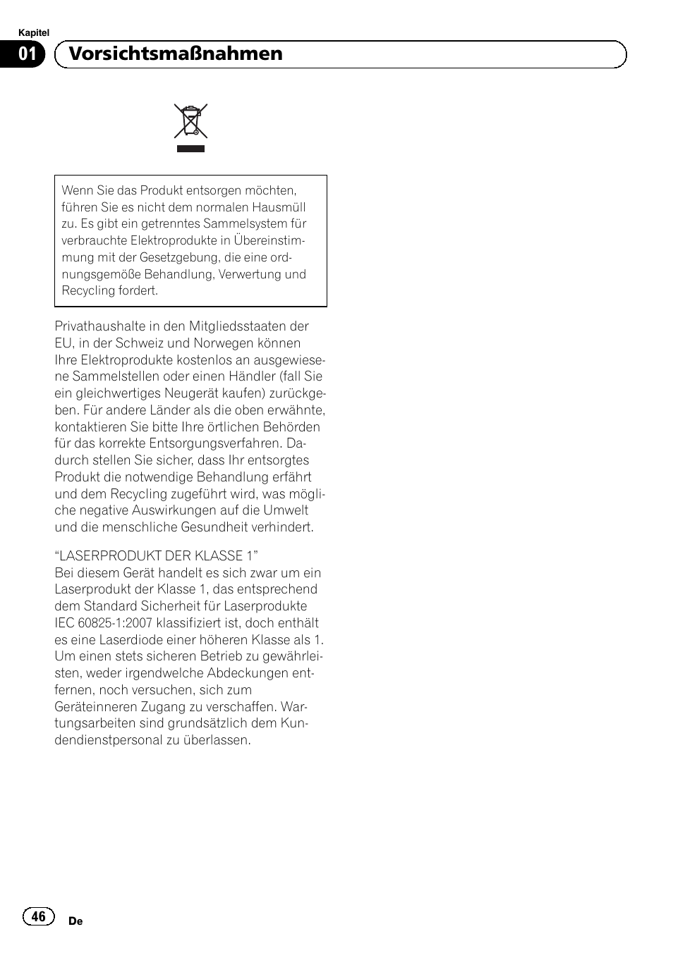 Vorsichtsmaßnahmen, 01 vorsichtsmaßnahmen | Pioneer AVIC-F20BT User Manual | Page 46 / 120