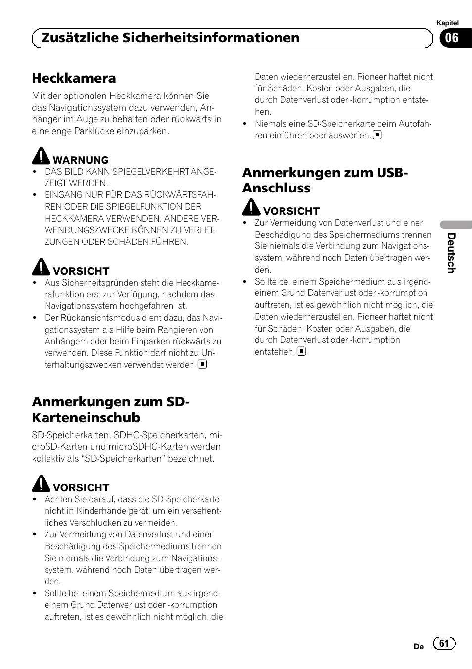 Heckkamera, Anmerkungen zum sd-karteneinschub, Anmerkungen zum usb-anschluss | Anmerkungen zum sd- karteneinschub, Anmerkungen zum usb- anschluss, 06 zusätzliche sicherheitsinformationen | Pioneer AVIC-F20BT User Manual | Page 61 / 120