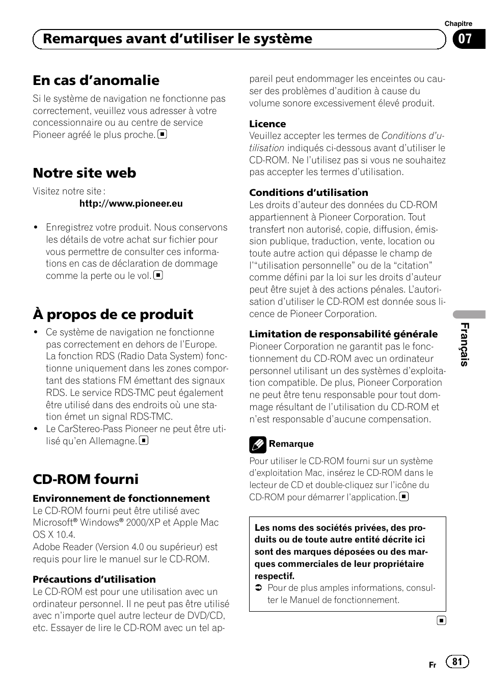 Remarques avant d, Utiliser le système, En cas d | Anomalie 81, Notre site web, À propos de ce produit, Cd-rom fourni, En cas d ’anomalie, 07 remarques avant d ’utiliser le système | Pioneer AVIC-F20BT User Manual | Page 81 / 120