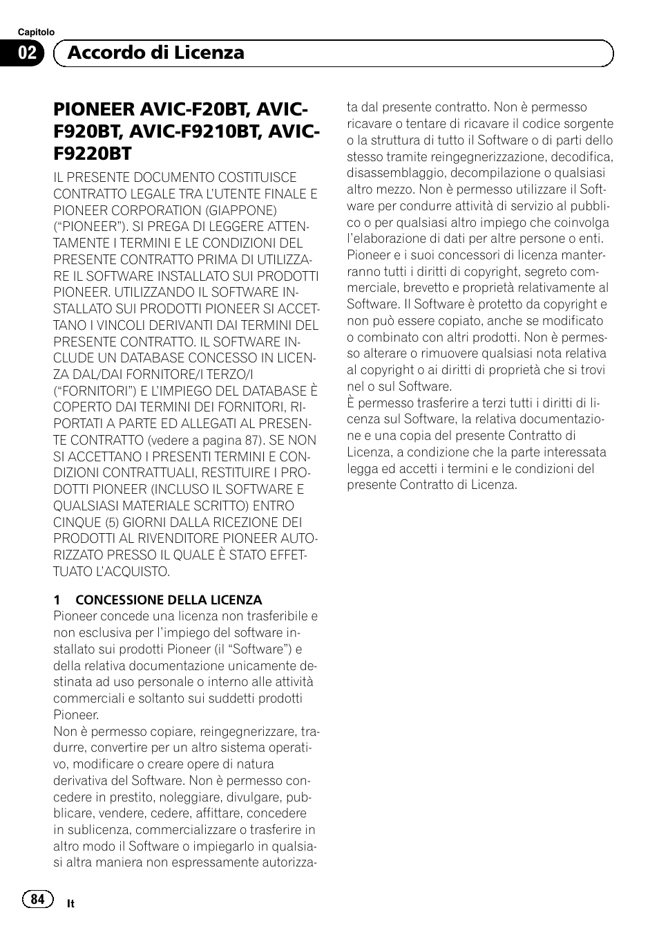 F9210bt, avic-f9220bt, 02 accordo di licenza | Pioneer AVIC-F20BT User Manual | Page 84 / 120