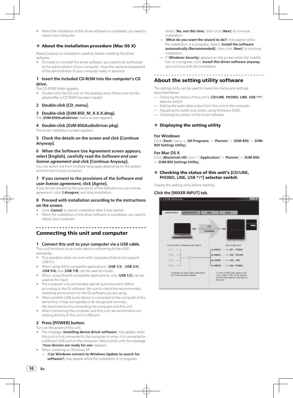 Connecting this unit and computer, About the setting utility software | Pioneer DJM-850-W User Manual | Page 10 / 84