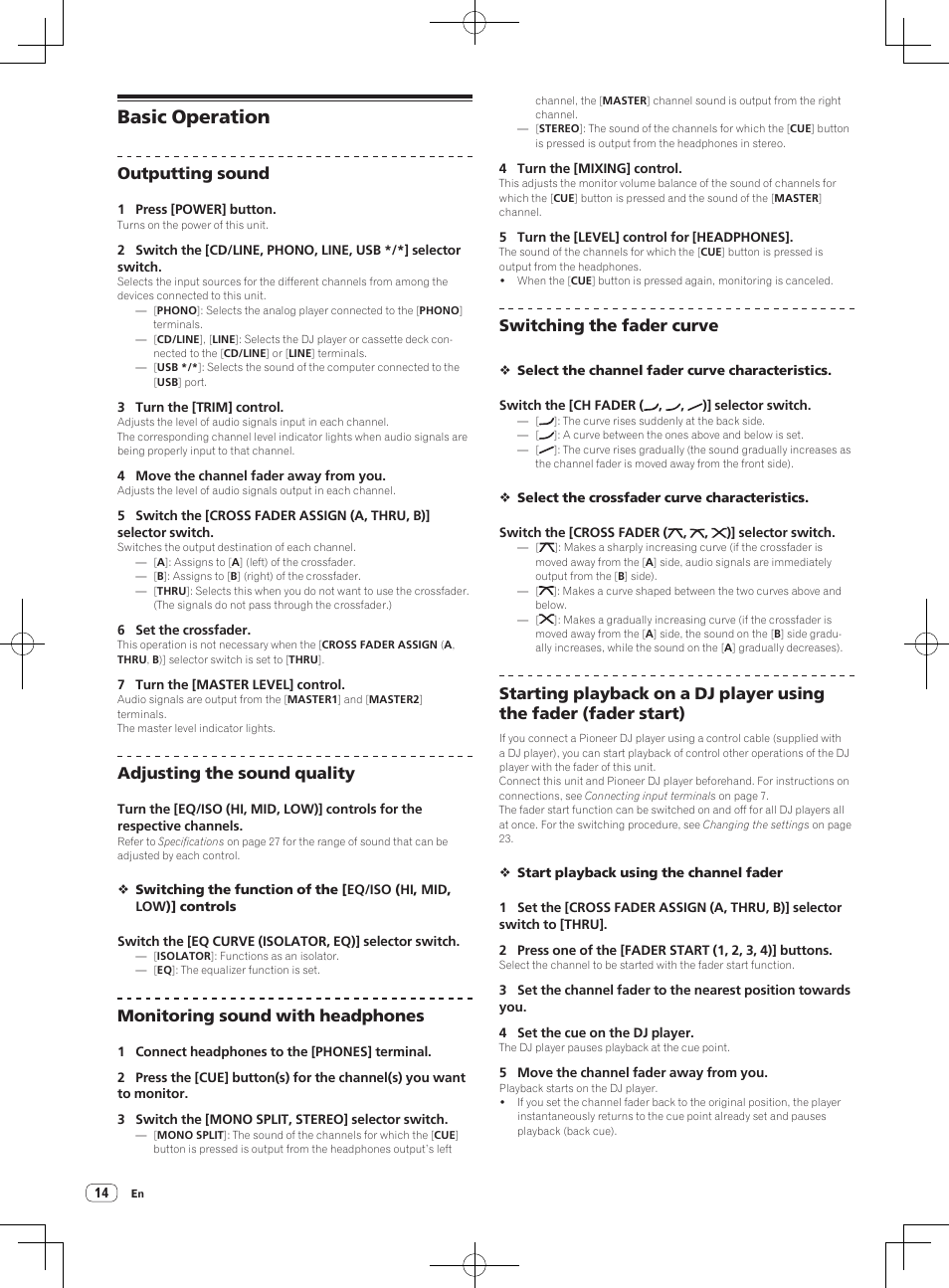 Operation, Basic operation, Outputting sound | Adjusting the sound quality, Monitoring sound with headphones, Switching the fader curve | Pioneer DJM-850-W User Manual | Page 14 / 84