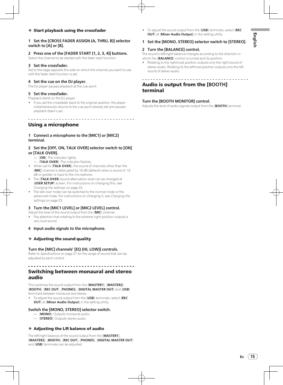 Using a microphone, Switching between monaural and stereo audio, Audio is output from the [booth] terminal | Pioneer DJM-850-W User Manual | Page 15 / 84