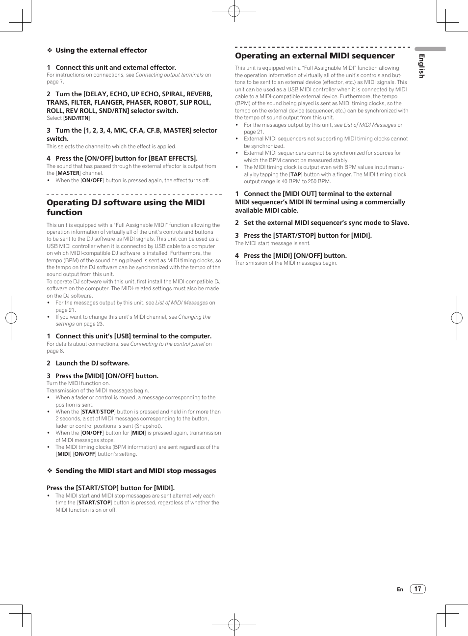 Operating dj software using the midi function, Operating an external midi sequencer | Pioneer DJM-850-W User Manual | Page 17 / 84