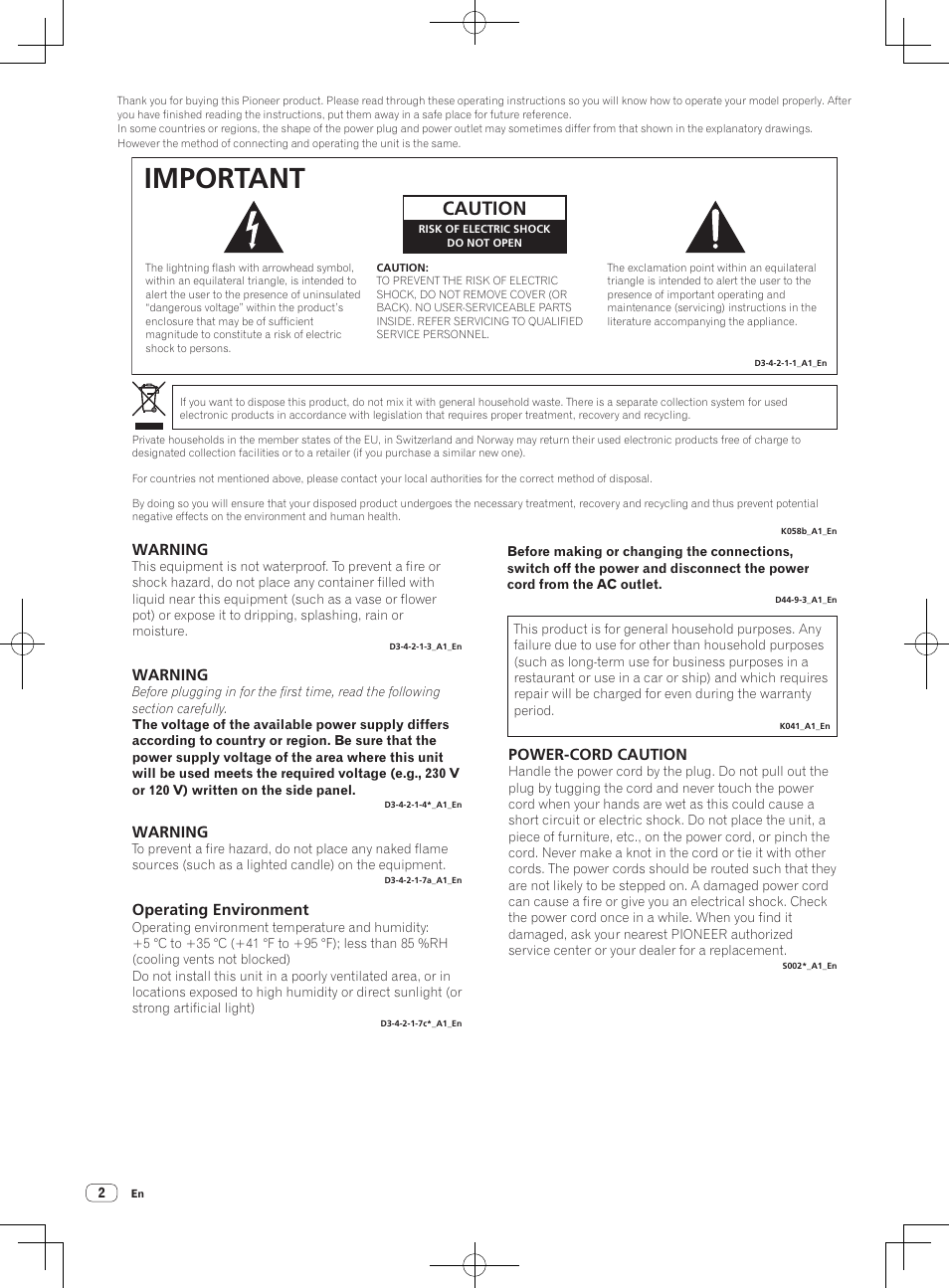 Important, Caution, Warning | Operating environment, Power-cord caution | Pioneer DJM-850-W User Manual | Page 2 / 84