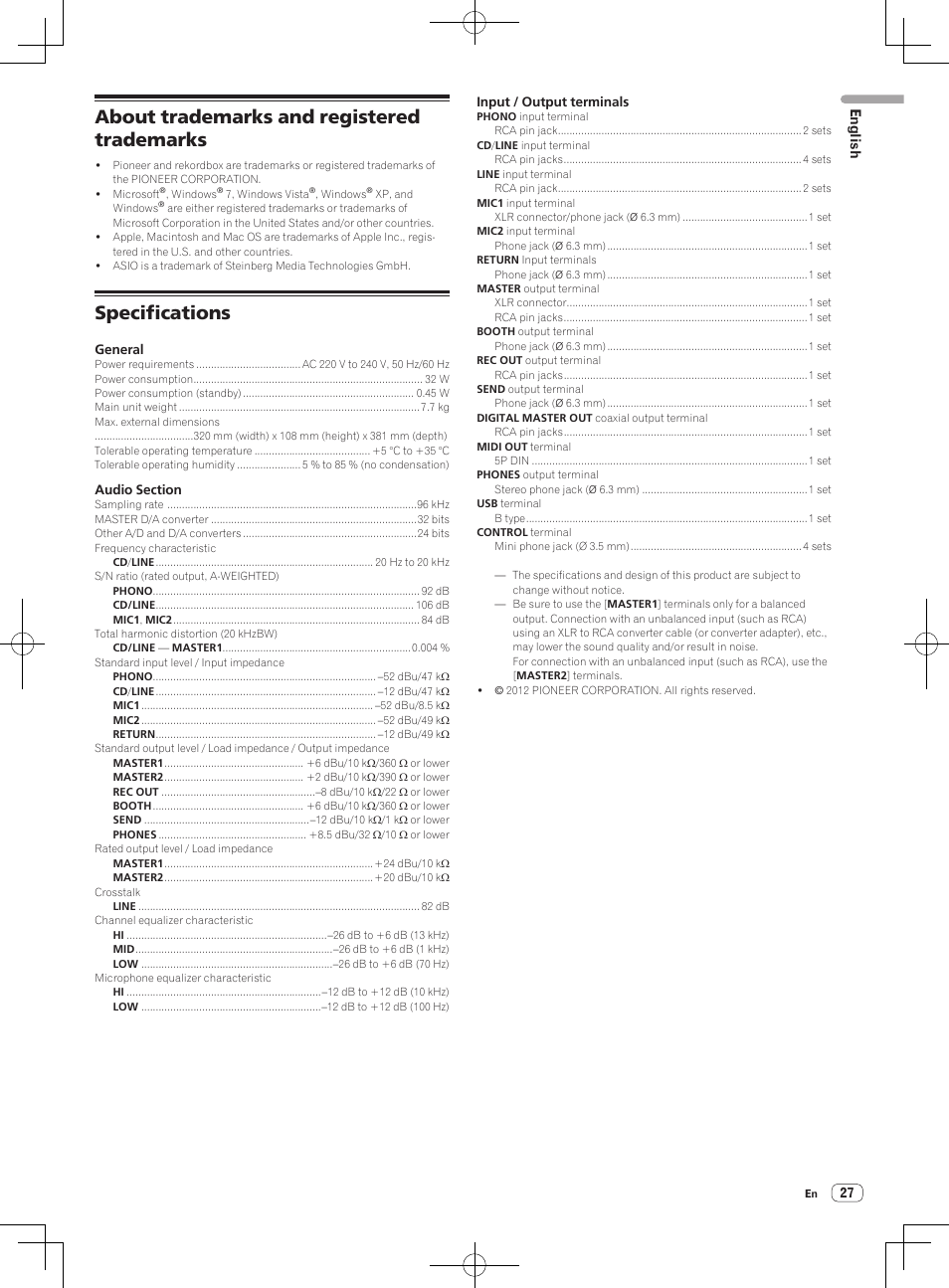 About trademarks and registered trademarks, Specifications | Pioneer DJM-850-W User Manual | Page 27 / 84