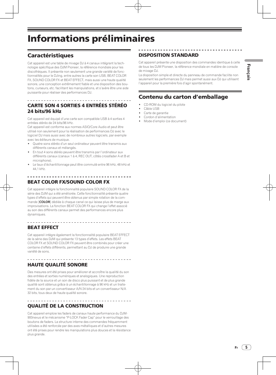 Informations préliminaires, Caractéristiques contenu du carton d’emballage, Caractéristiques | Contenu du carton d’emballage | Pioneer DJM-850-W User Manual | Page 31 / 84