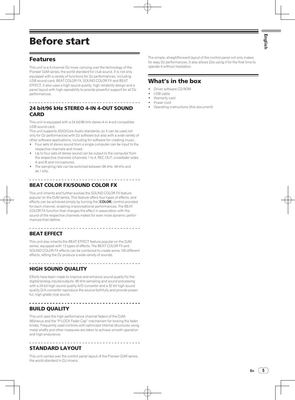 Before start, Features what’s in the box, Features | What’s in the box | Pioneer DJM-850-W User Manual | Page 5 / 84