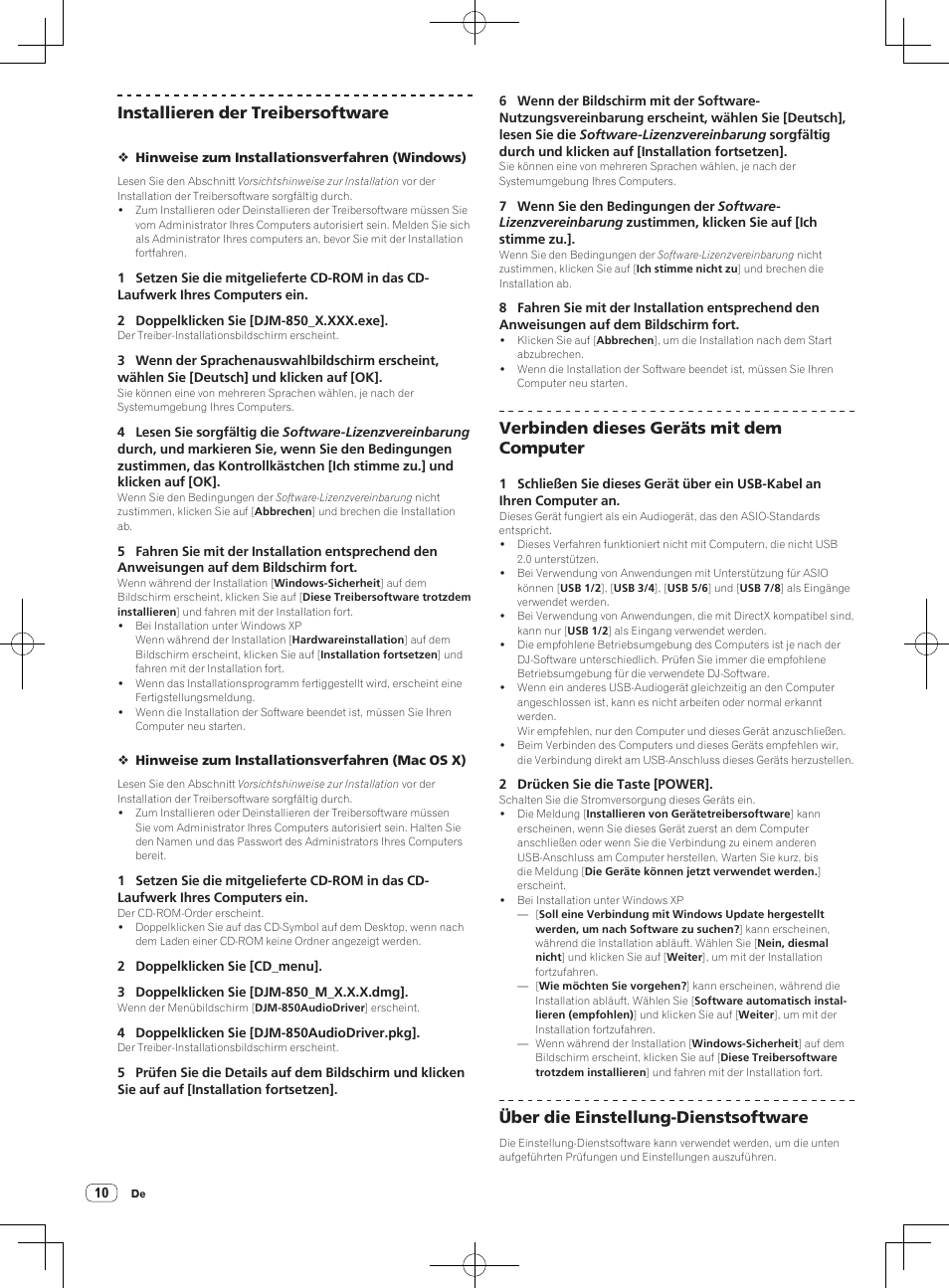 Installieren der treibersoftware, Verbinden dieses geräts mit dem computer, Über die einstellung-dienstsoftware | Pioneer DJM-850-W User Manual | Page 64 / 84